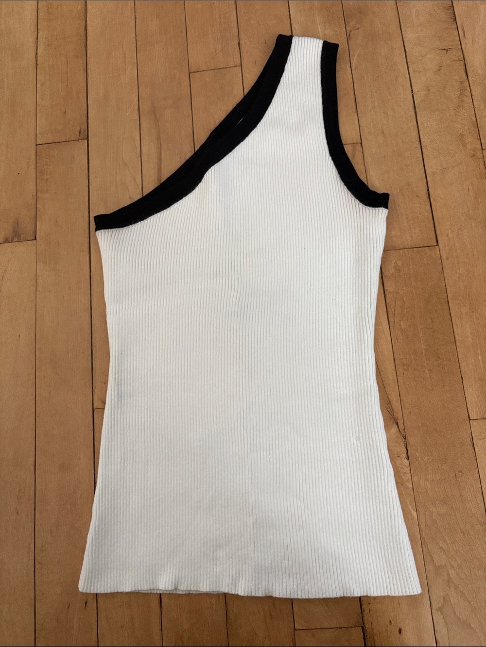 White Ribbed One-Shoulder Tank Top with Black Trim